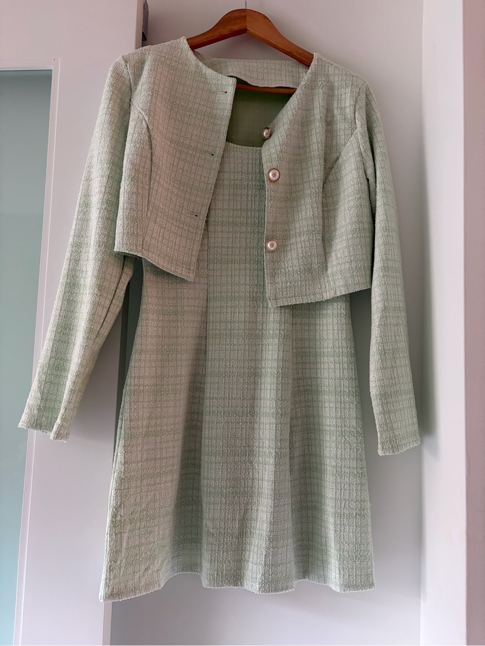 Green dress and matching crop blazer